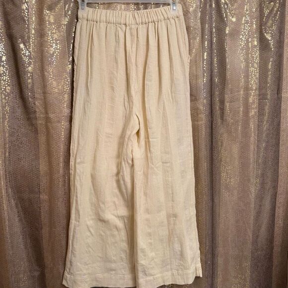 Free People Ivory Sand Cotton Linen Wide Leg Striped Textured Pants Small - Picture 2 of 7